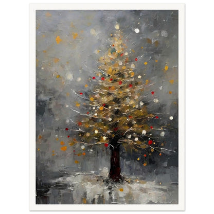 A serene painting of a Christmas tree glowing with golden and red lights, set against a misty gray background and a snowy base.