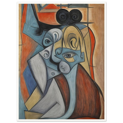 A striking cubist-style portrait featuring overlapping and fragmented facial features in shades of blue, gold, and brown, creating a sense of dynamic distortion.