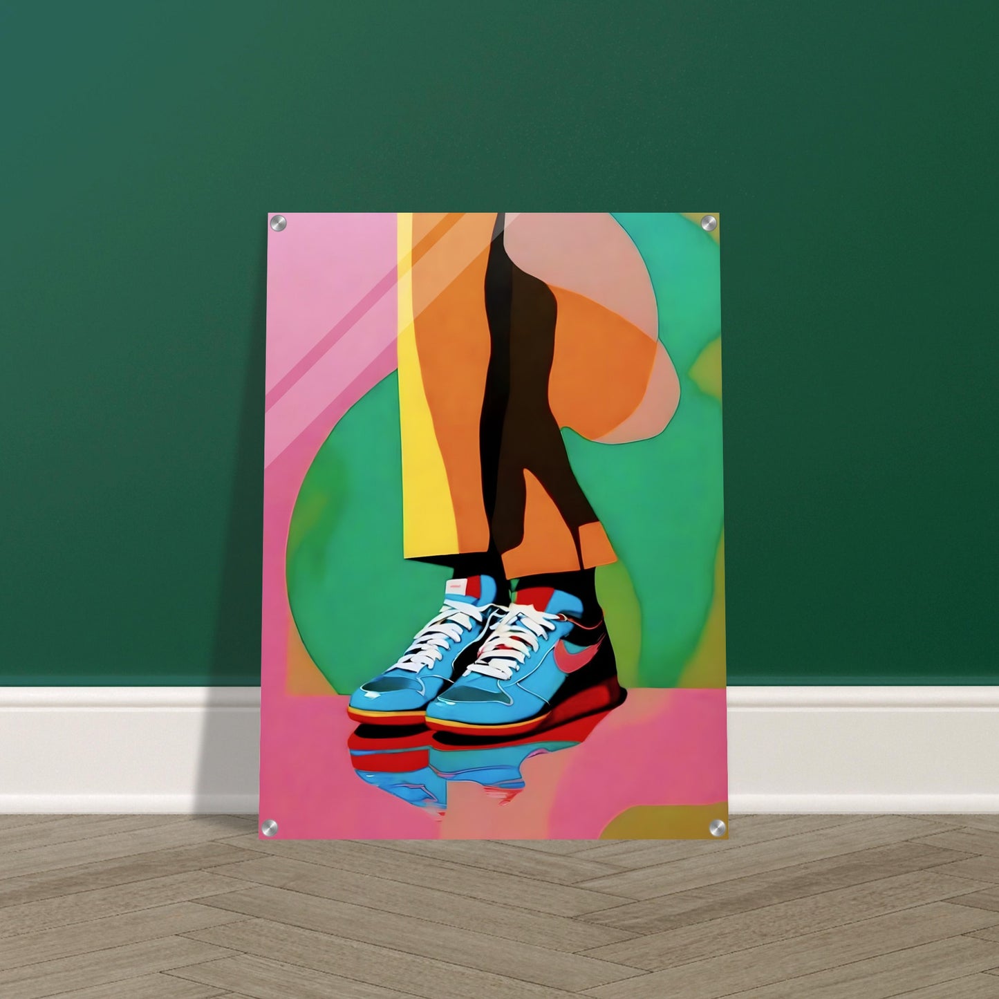 A modern artwork showcasing vibrant legs in bold-colored pants and blue sneakers, set against a bright pink and green abstract background.