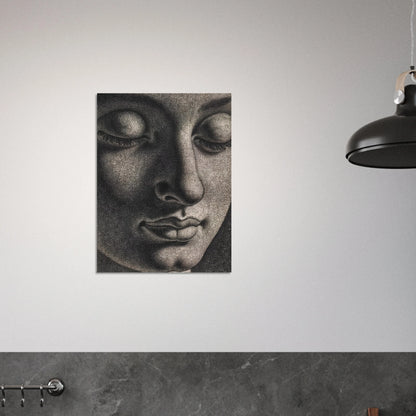 A contemplative monochrome portrait with lowered eyes and soft shadows evokes serenity, introspection, and timeless spiritual calm.