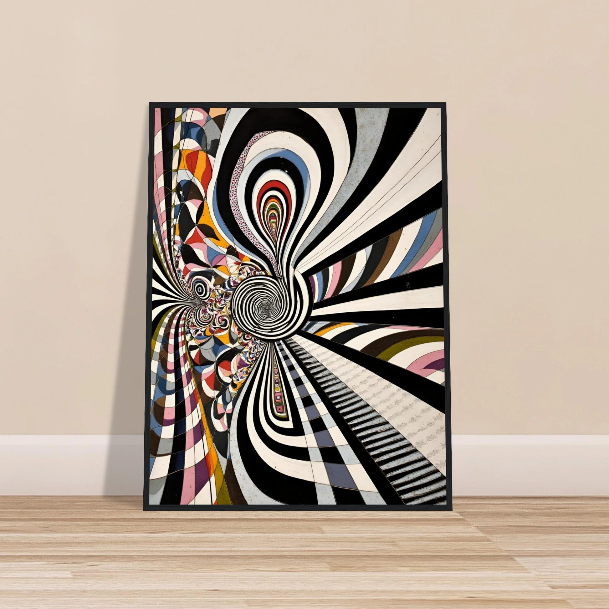 Hypnotic black-and-white spirals twist through colorful geometric pathways, creating a surreal optical journey of motion, depth, and endless illusion.