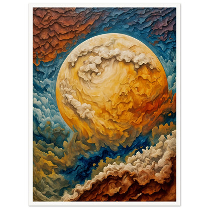 A mesmerizing cosmic painting depicting a massive swirling celestial body with fiery clouds in hues of gold, blue, and crimson.