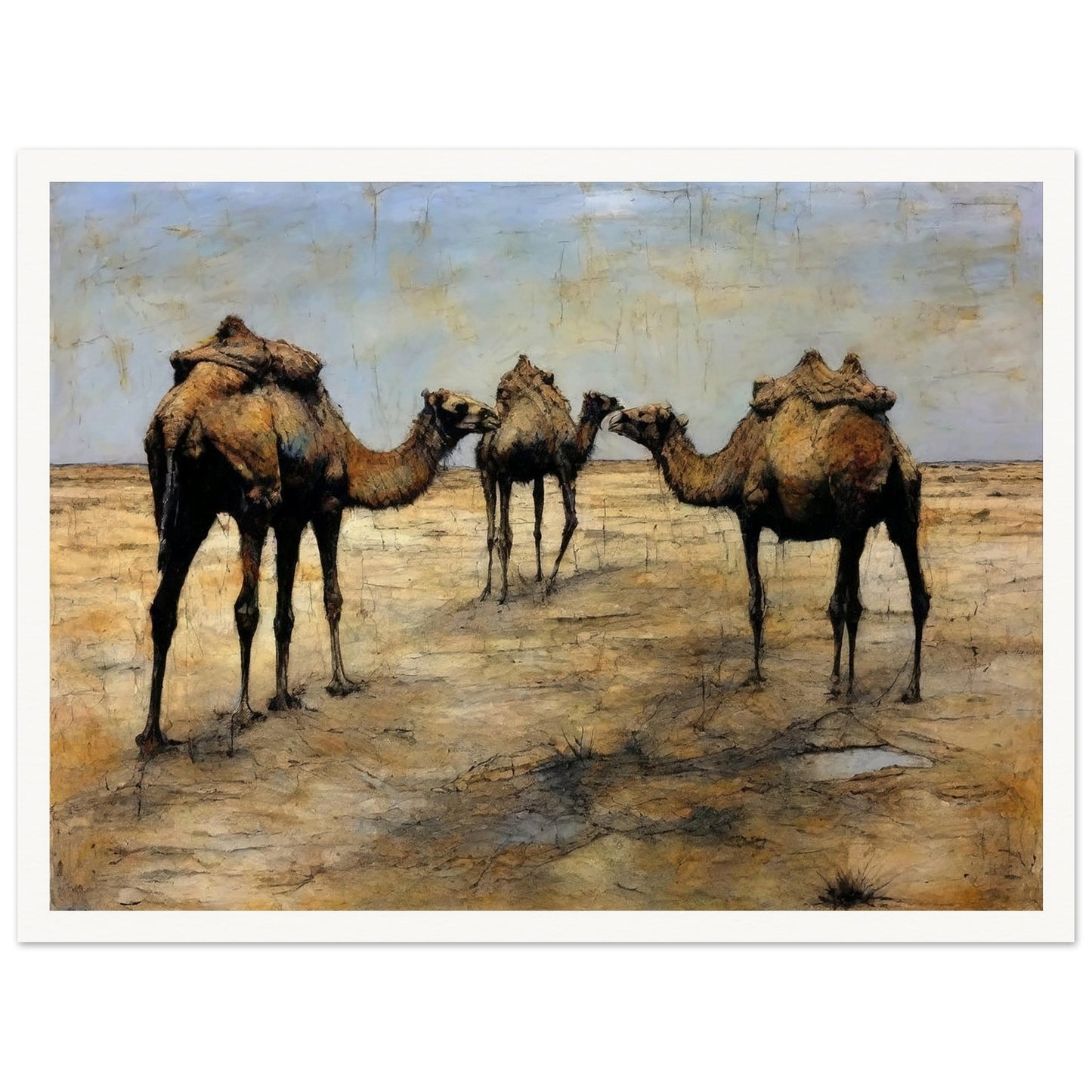 A detailed painting of three camels with packs standing together in a vast, arid desert landscape under a blue sky.