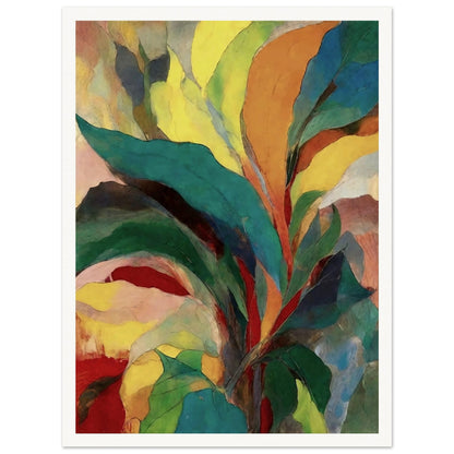 A vivid and abstract composition of overlapping leaves and foliage in rich hues of green, yellow, red, and blue, radiating energy and life.