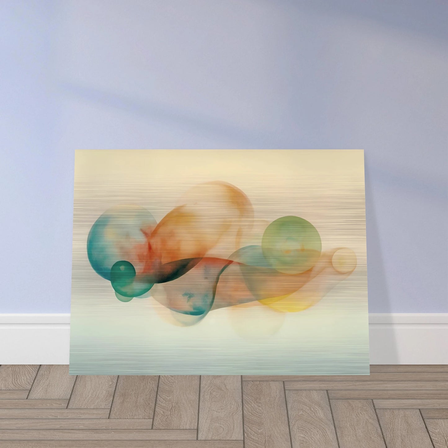 Translucent pastel spheres and flowing organic shapes overlap in airy layers of teal, peach, gold, and mist on a serene light backdrop.