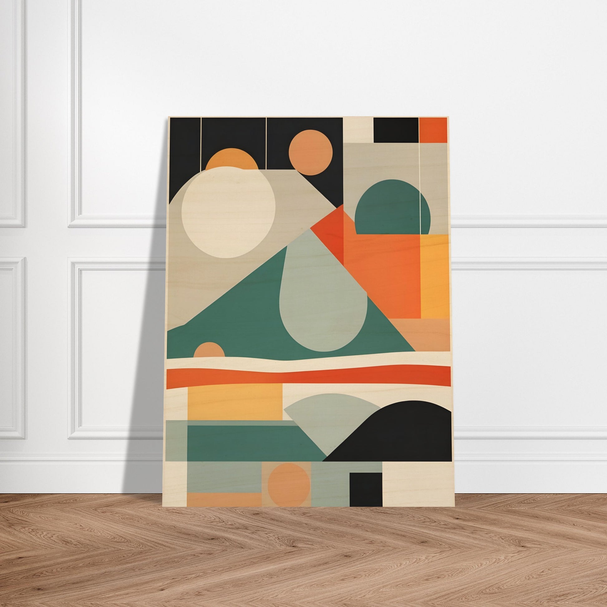 A geometric abstract painting with layered shapes resembling mountains, valleys, and the sun in earthy tones of teal, orange, beige, and black