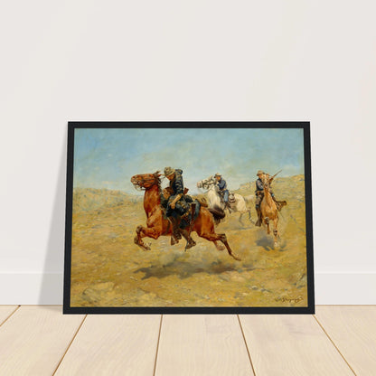 Cavalrymen ride across a dusty plain, with one soldier rescuing another on horseback.