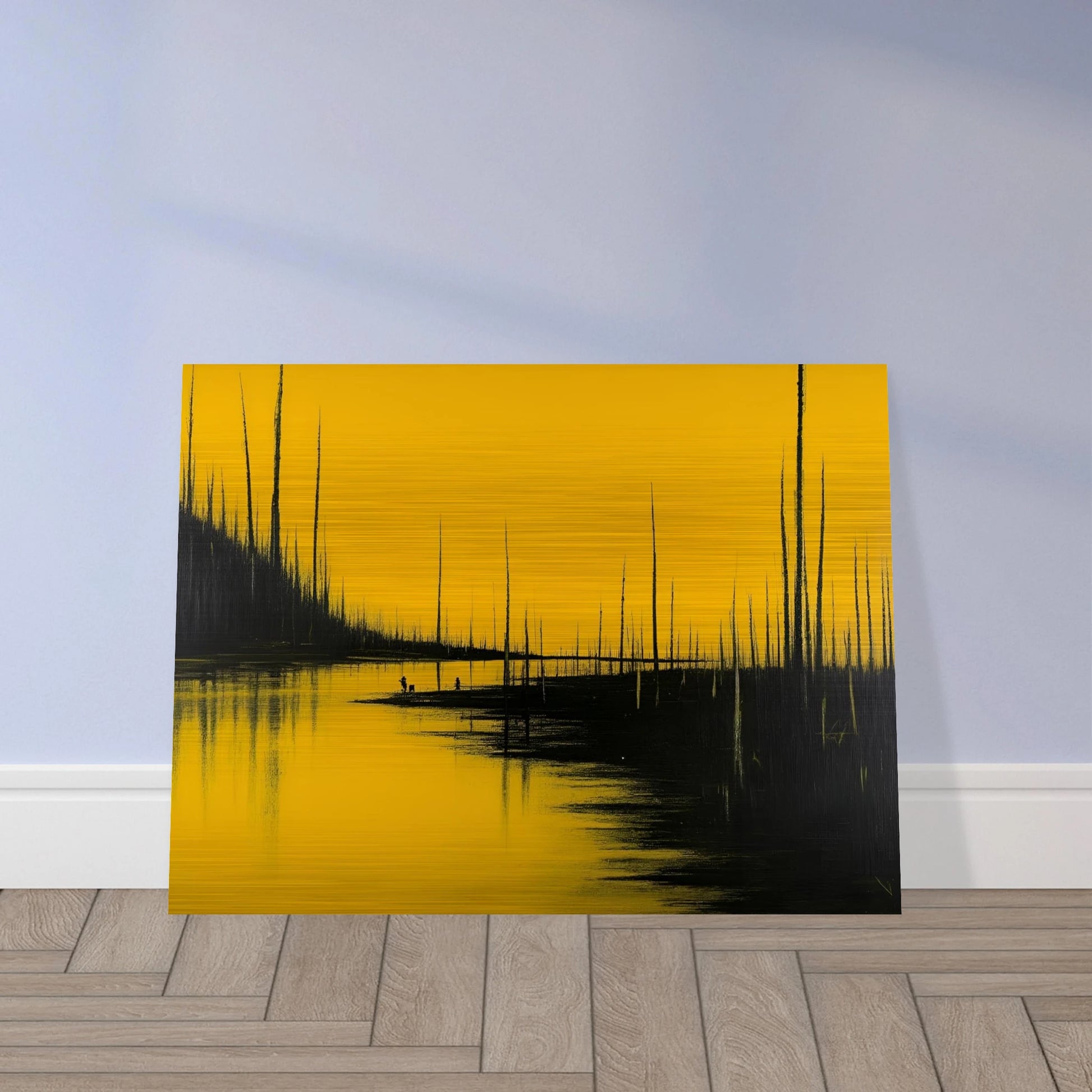 Tall black trees pierce a golden-yellow sky, reflected in still waters as tiny figures stand quietly in the surreal forest scene.