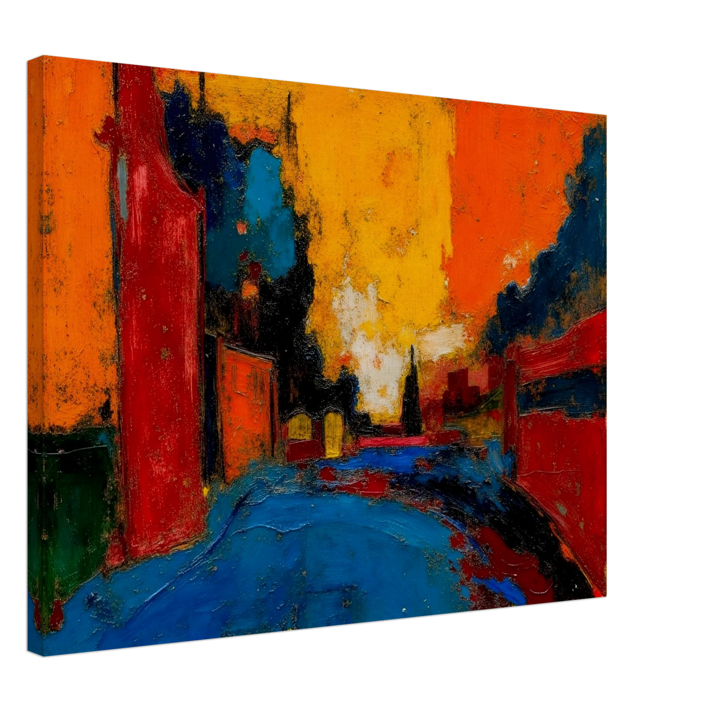 An expressive urban street scene painted in bold reds, oranges, blues, and black, featuring buildings lining a road beneath a dramatic glowing sunset sky.