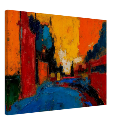An expressive urban street scene painted in bold reds, oranges, blues, and black, featuring buildings lining a road beneath a dramatic glowing sunset sky.