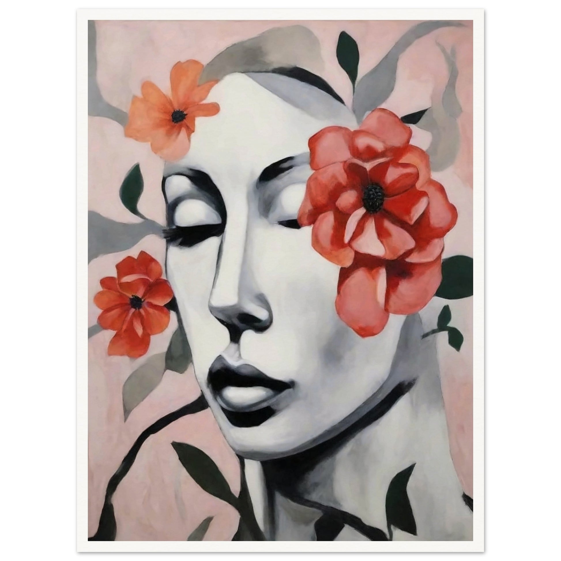 "A delicate portrait of a woman’s face with her eyes closed, surrounded by soft red and orange flowers, blending calm expression with floral beauty."