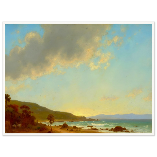 A sunlit coastal landscape with gentle waves meeting a golden shore, framed by rocky outcrops and distant hills under a vast sky.