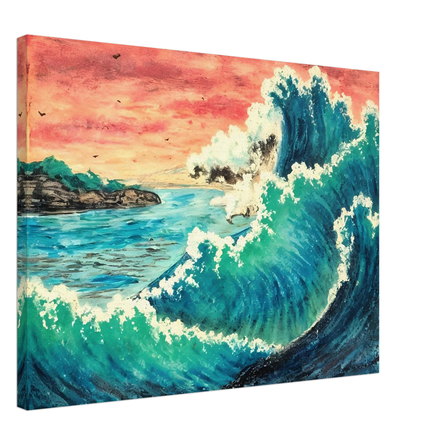 Towering ocean wave crashes under a fiery sunset sky, with distant cliffs and birds in view.