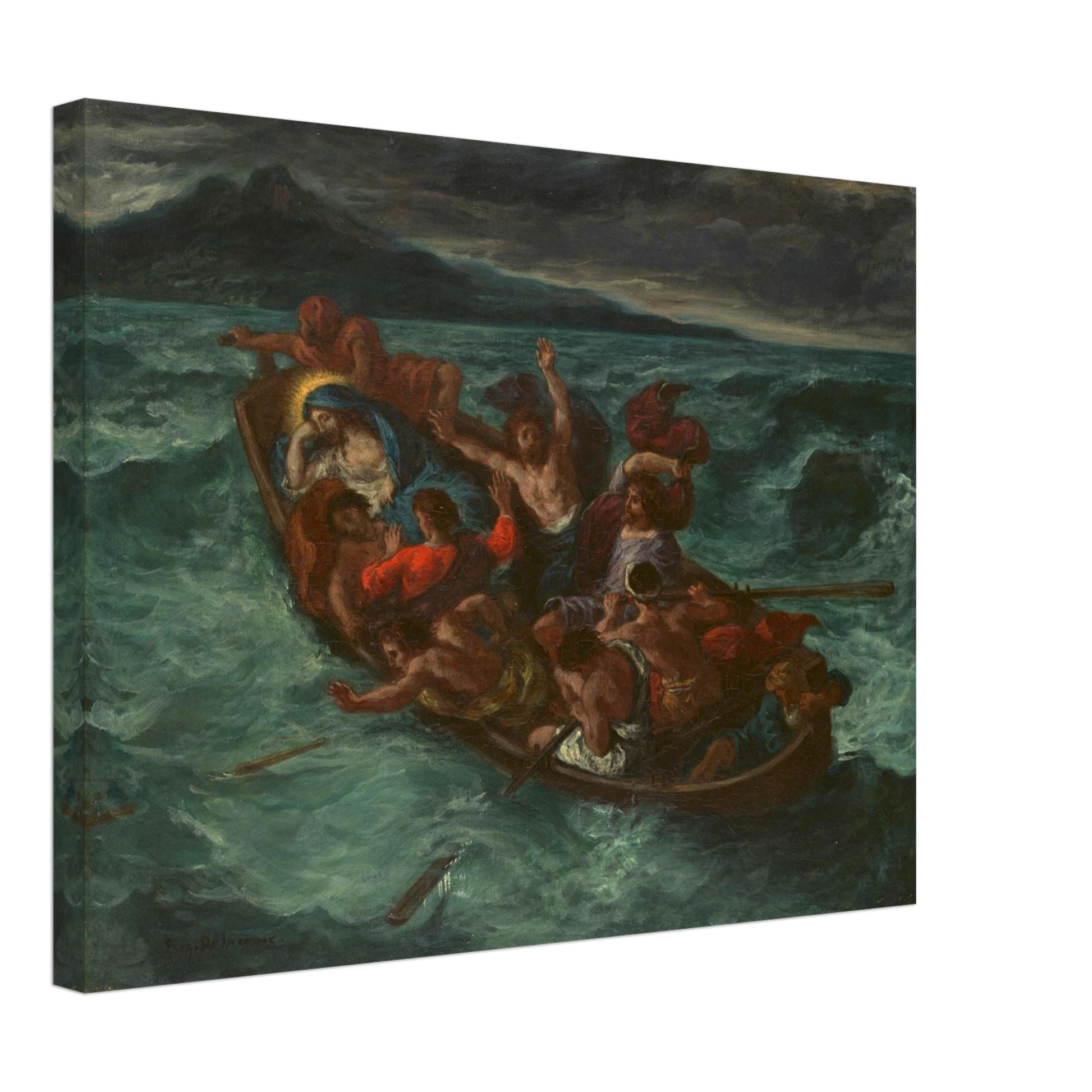 Christ sleeps in a crowded boat as terrified disciples struggle through a violent storm on a dark, churning sea.