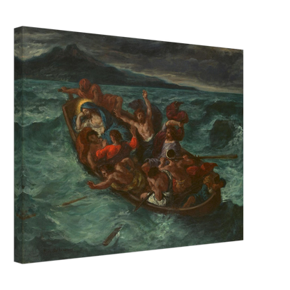 Christ sleeps in a crowded boat as terrified disciples struggle through a violent storm on a dark, churning sea.