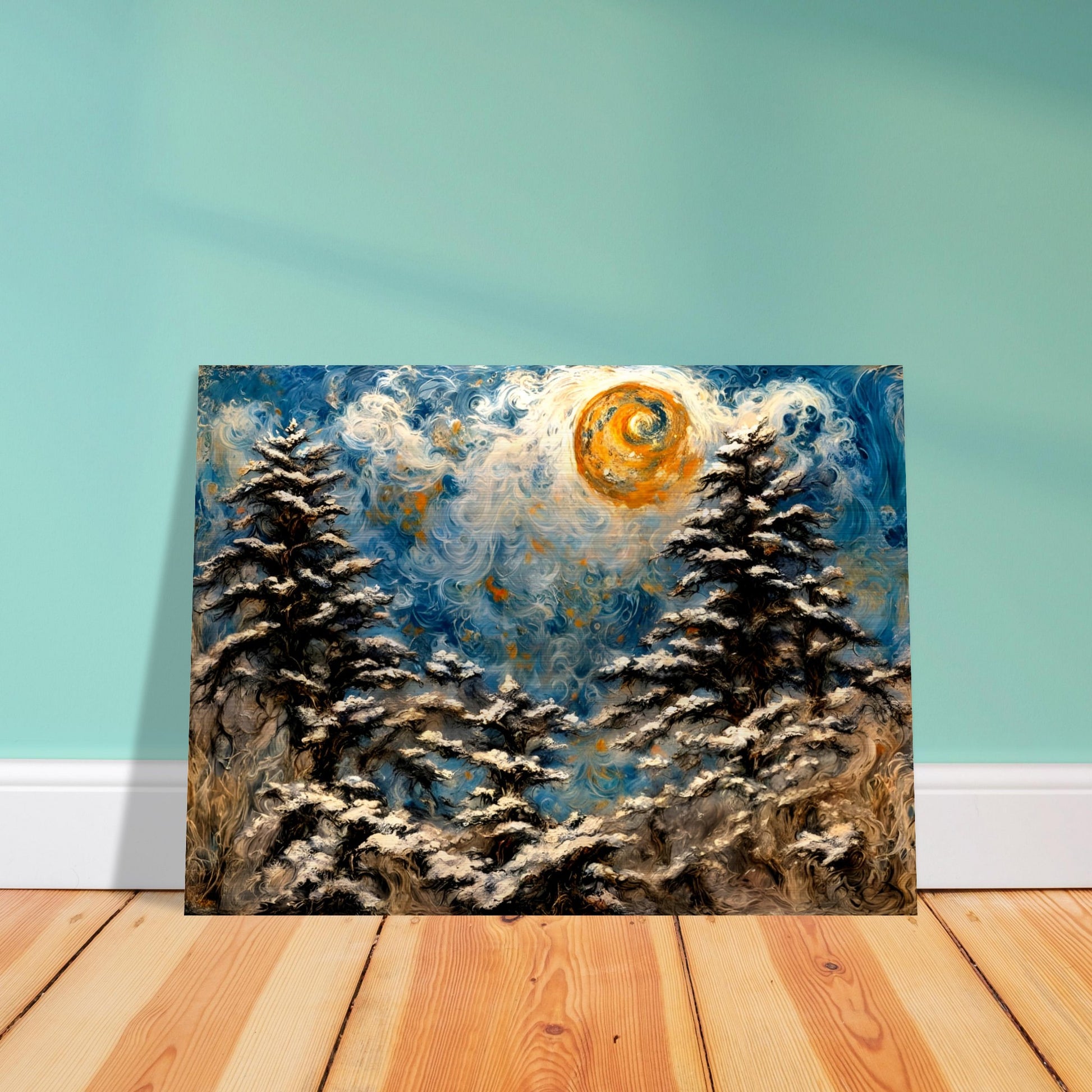 A mesmerizing winter landscape painting with swirling snow-covered trees, a glowing golden sun, and a vibrant blue sky with intricate textures.