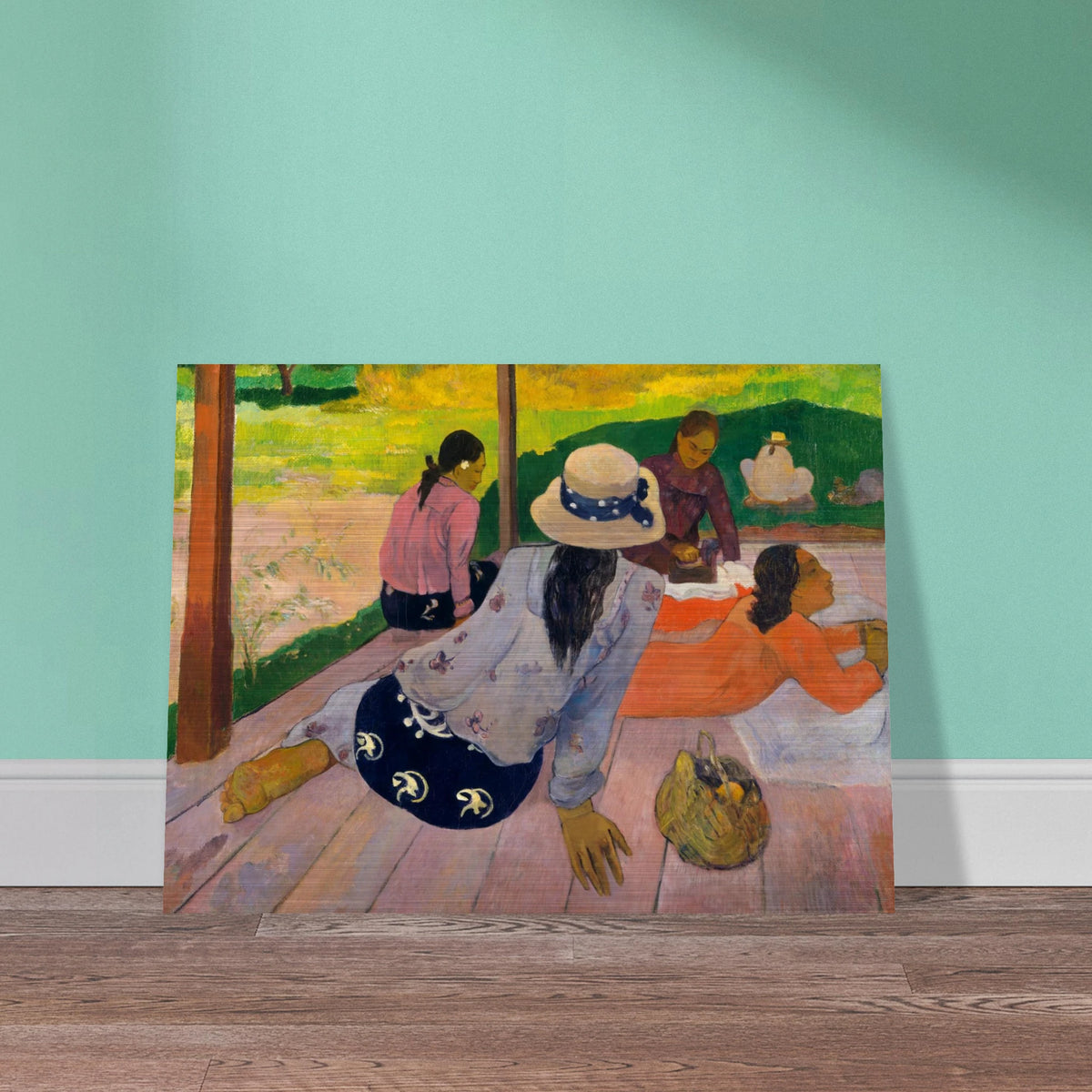Four Tahitian women rest on a shaded veranda with bright green landscape beyond.
