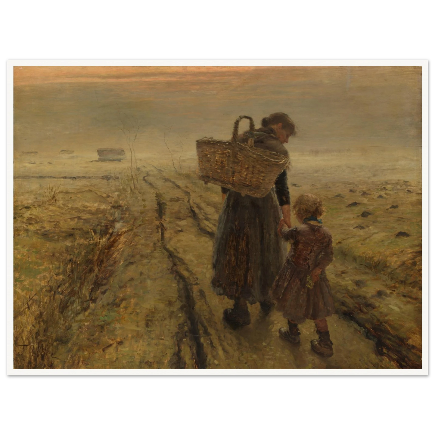 Mother and child walk a misty country path at dusk, with a woven basket and muted earth tones.