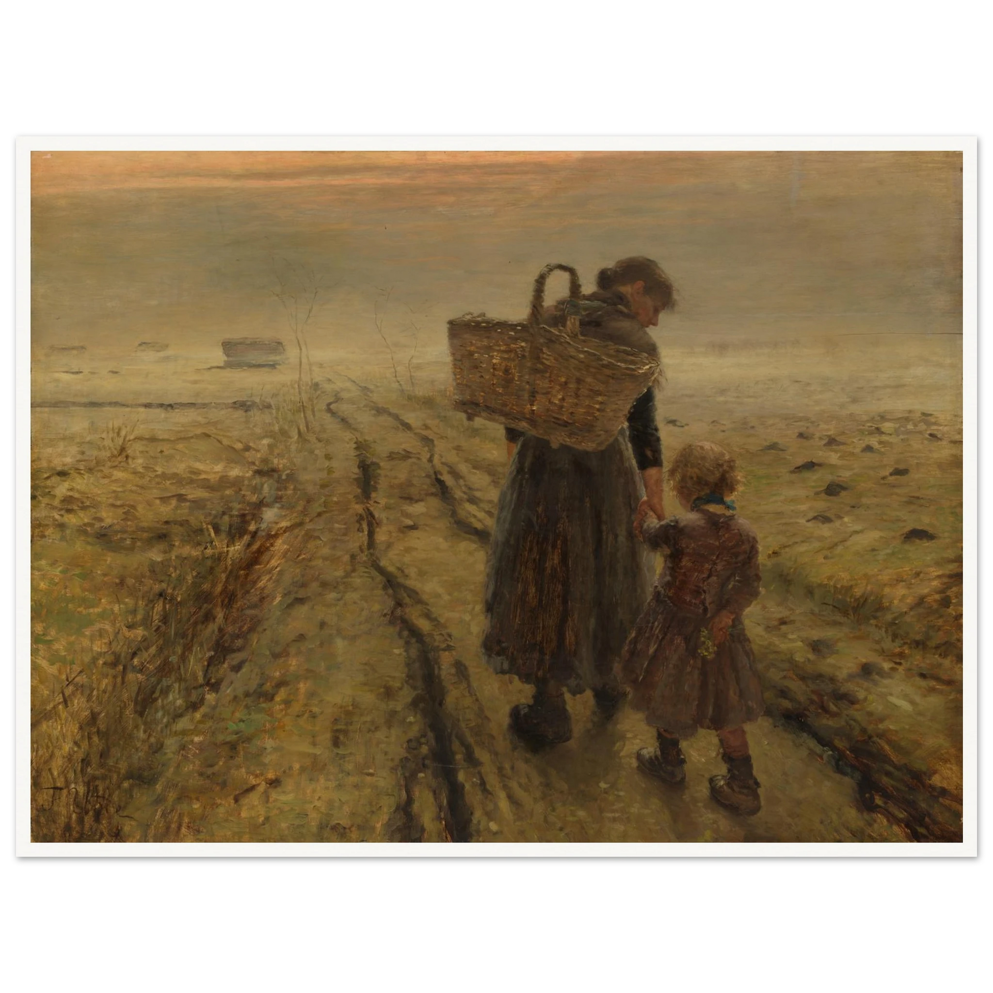 Mother and child walk a misty country path at dusk, with a woven basket and muted earth tones.