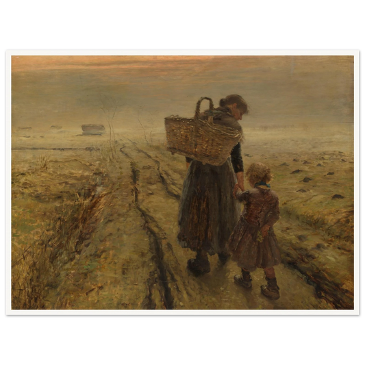 Mother and child walk a misty country path at dusk, with a woven basket and muted earth tones.