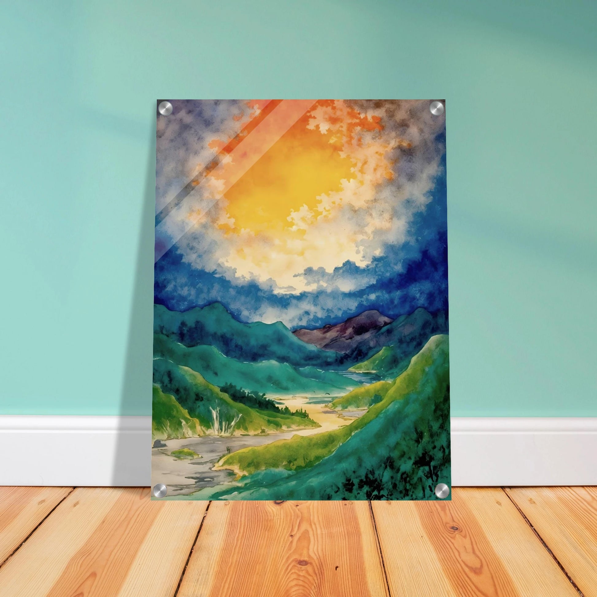 A vibrant watercolor landscape featuring rolling green mountains, a winding river valley, and a dramatic golden glow breaking through deep blue clouds overhead.