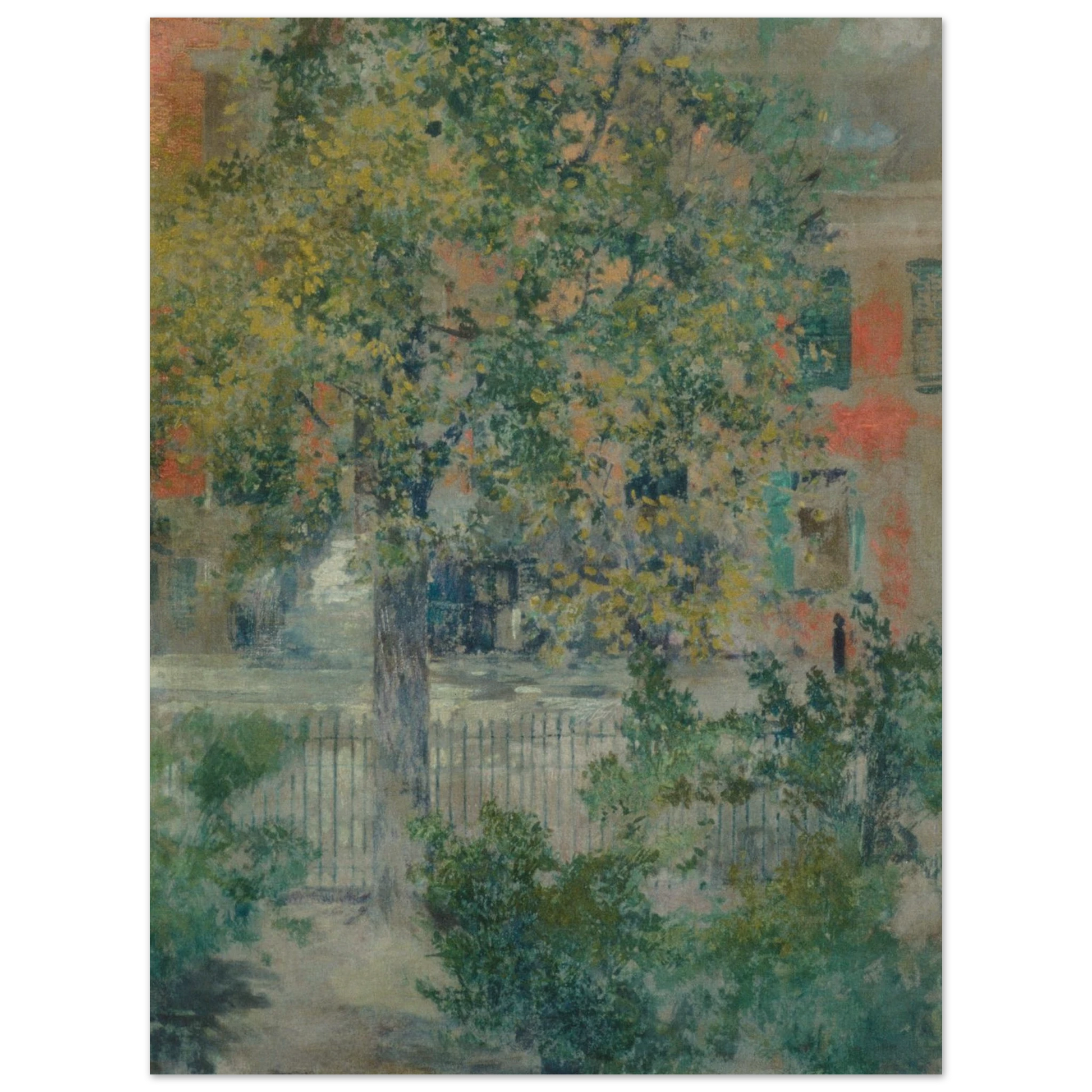 A leafy tree fills a quiet Grove Street view, with an iron fence and pastel buildings beyond.