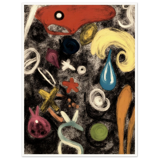 Colorful, abstract shapes and symbols swirl across a textured black canvas, resembling a dreamlike dance of forms.