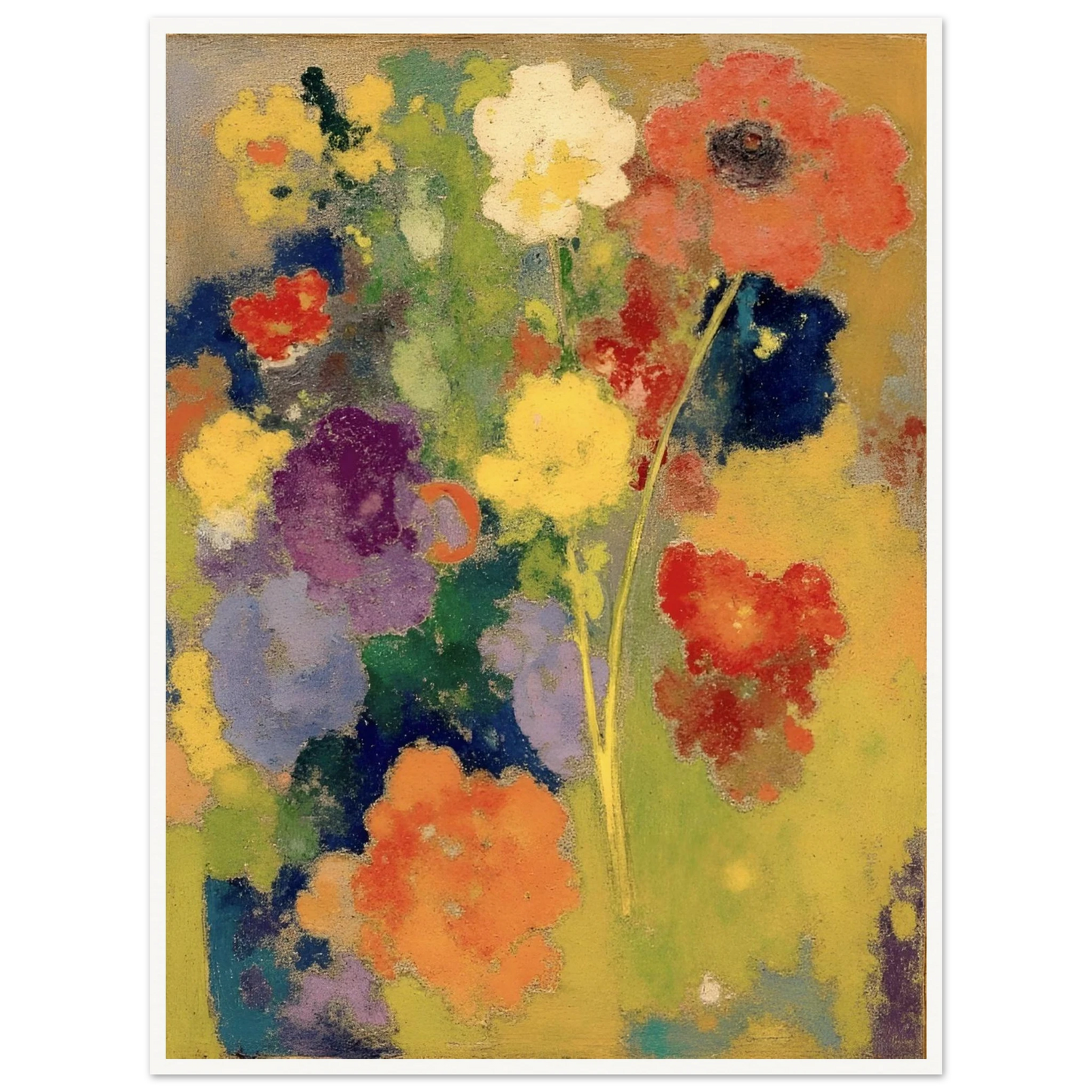 Soft garden flowers in red, white, yellow, purple, and orange bloom against a warm golden field.