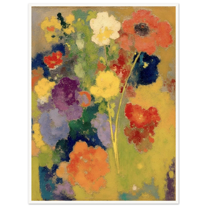 Soft garden flowers in red, white, yellow, purple, and orange bloom against a warm golden field.