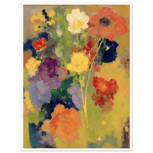 Soft garden flowers in red, white, yellow, purple, and orange bloom against a warm golden field.