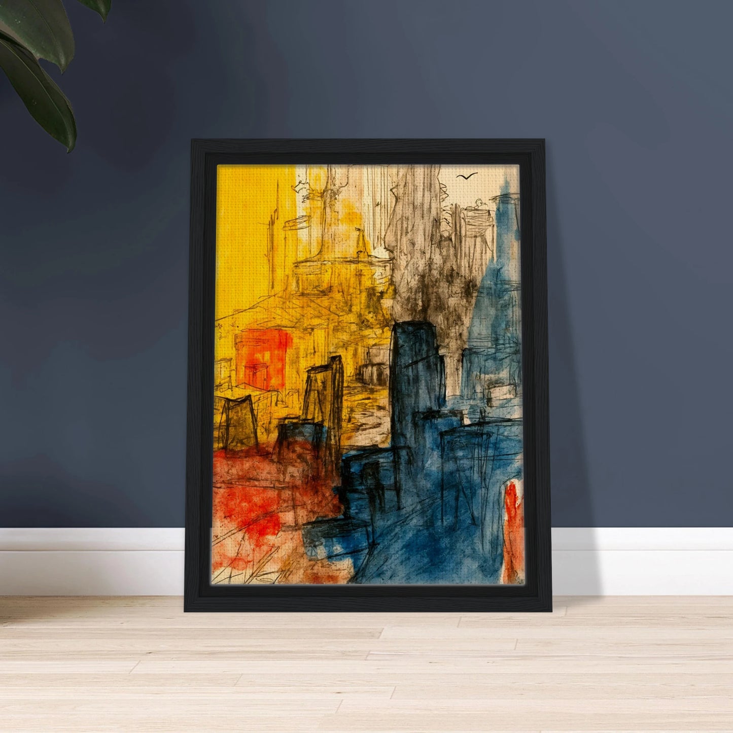 Expressive cityscape with golden facades, blue towers, and loose ink lines creating a vibrant urban atmosphere.
