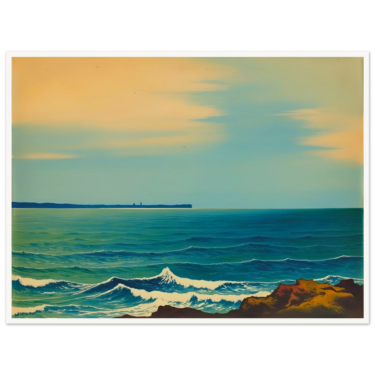 A serene seascape with gentle blue waves and a soft golden sky, capturing the calm rhythm of the ocean at dusk.