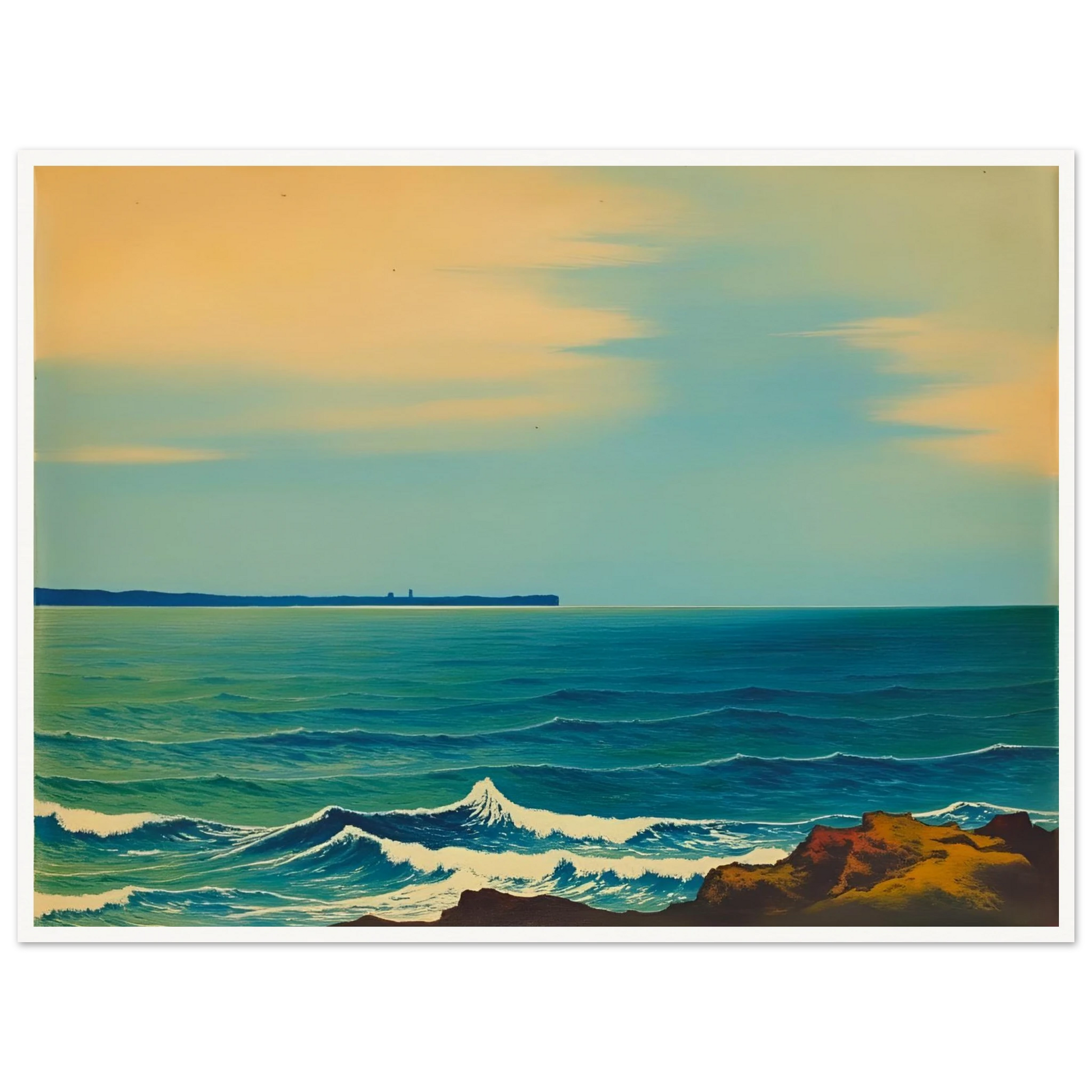 A serene seascape with gentle blue waves and a soft golden sky, capturing the calm rhythm of the ocean at dusk.