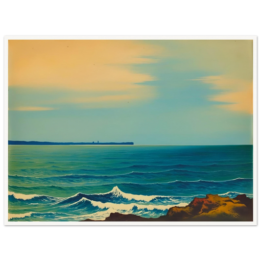 A serene seascape with gentle blue waves and a soft golden sky, capturing the calm rhythm of the ocean at dusk.