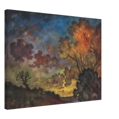 Fiery autumn trees glow beneath a deep blue sky as dark clouds drift across a fading landscape.