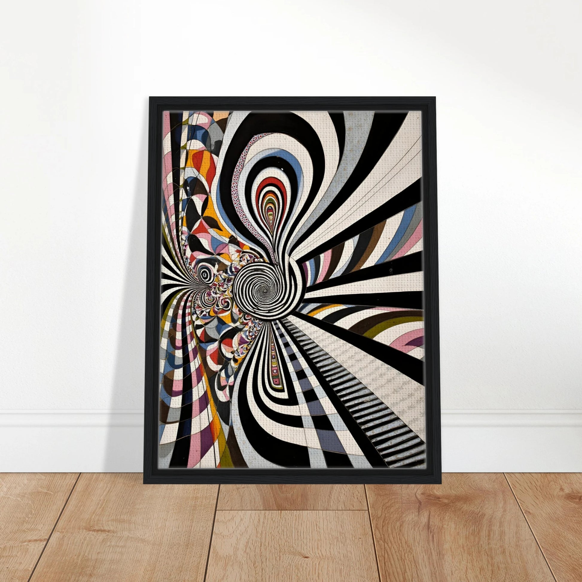 Hypnotic black-and-white spirals twist through colorful geometric pathways, creating a surreal optical journey of motion, depth, and endless illusion.