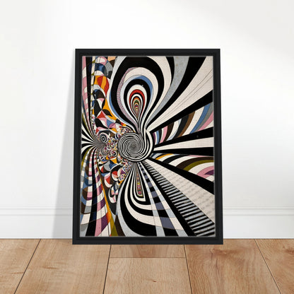 Hypnotic black-and-white spirals twist through colorful geometric pathways, creating a surreal optical journey of motion, depth, and endless illusion.