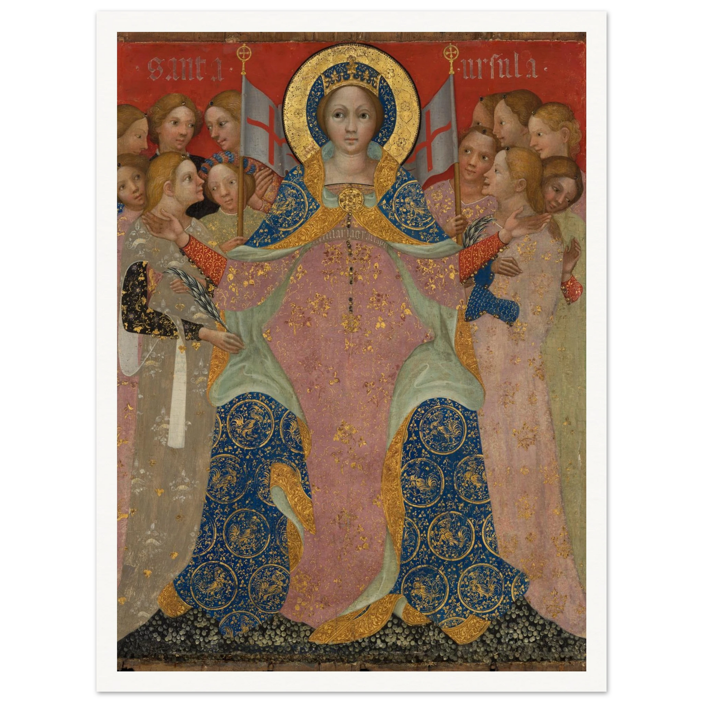 Saint Ursula stands with her maidens in ornate gold and blue robes against a red background