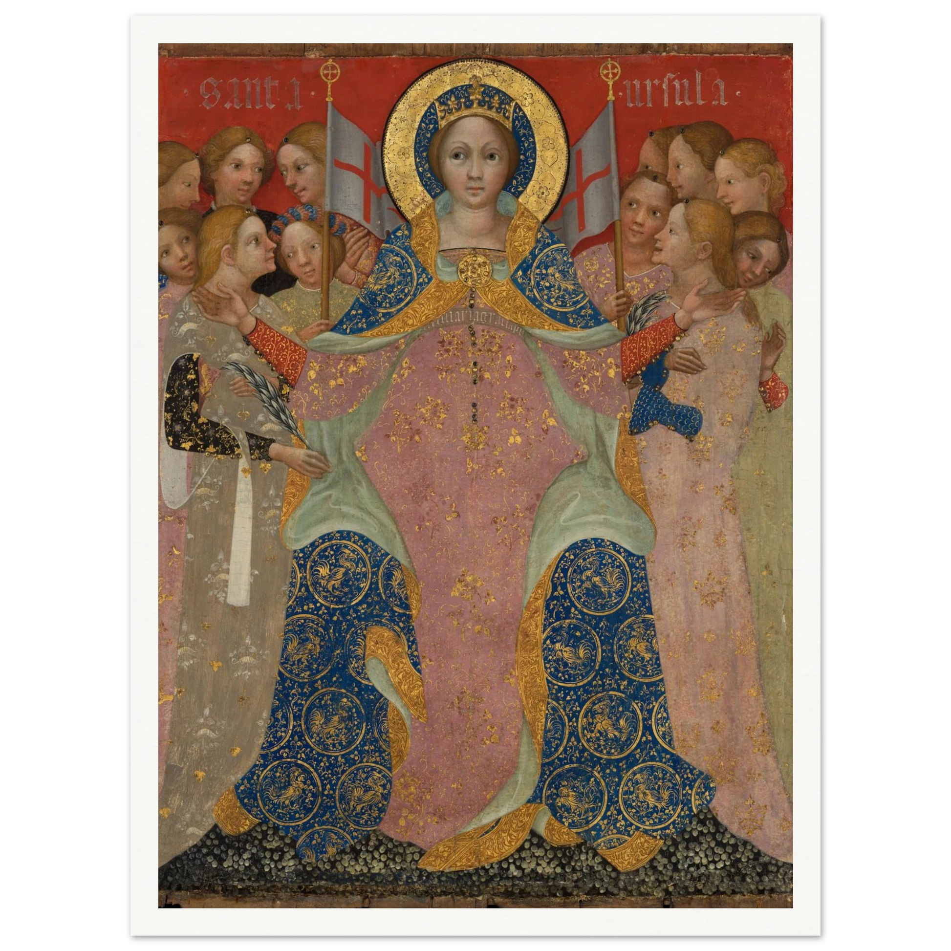 Saint Ursula stands with her maidens in ornate gold and blue robes against a red background