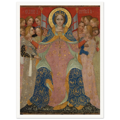 Saint Ursula stands with her maidens in ornate gold and blue robes against a red background