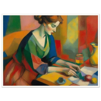 A vibrant painting depicting a woman in a colorful dress sitting at a table, engaged in writing or reading. The background features a mosaic of various hues, enhancing the vivid and dynamic atmosphere of the scene.