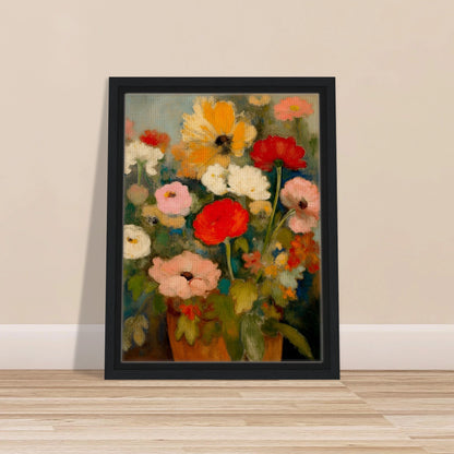 Red, pink, white, and yellow flowers rise from an earthen vase against a soft green-blue background.