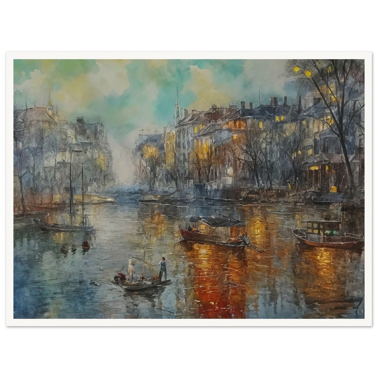 A tranquil evening scene of a canal with boats, illuminated buildings, and reflections on the water, creating a peaceful atmosphere.