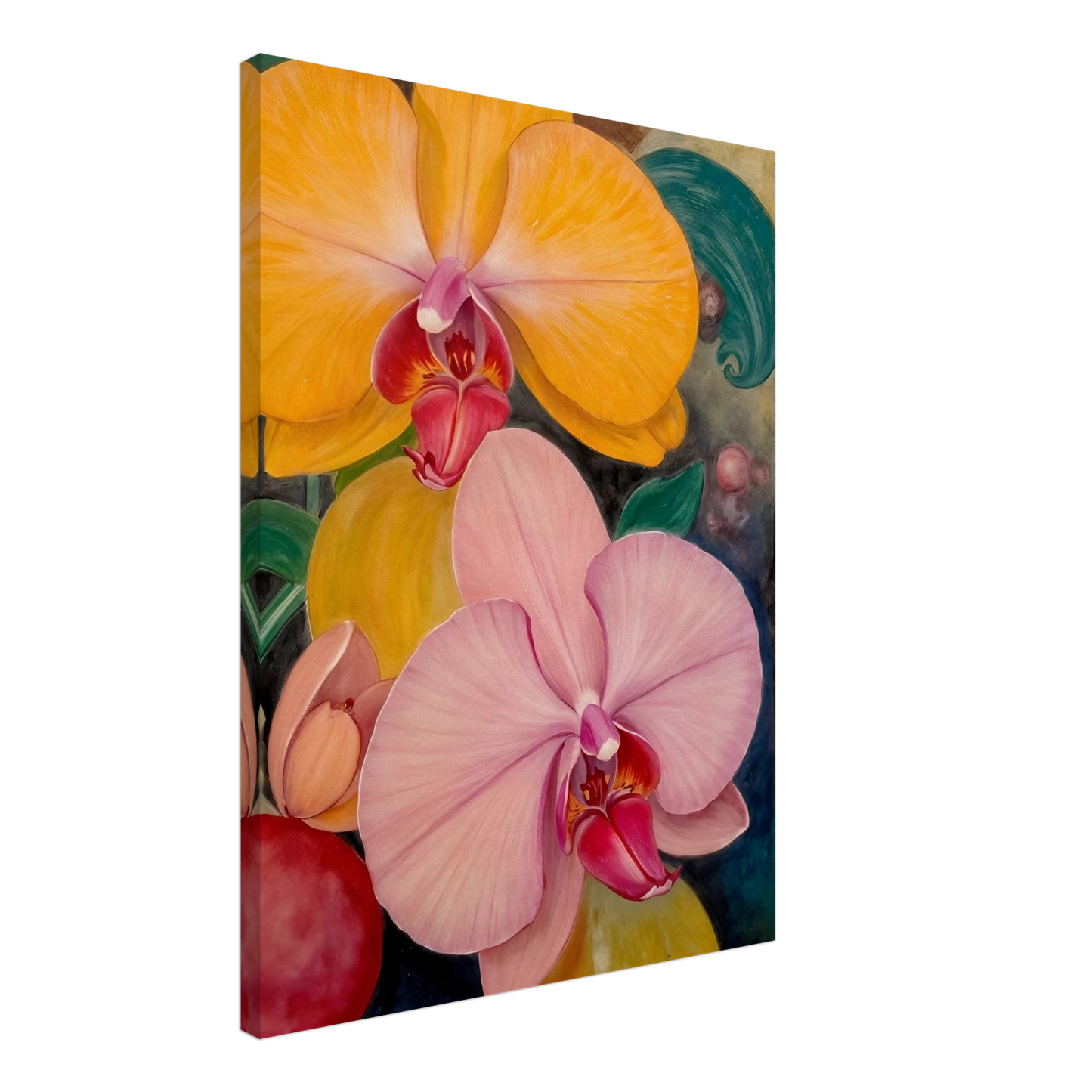 A vibrant floral painting featuring large blooming orchids in shades of golden yellow and soft blush pink, with rich magenta centers set against a dark, decorative background with lush green accents.
