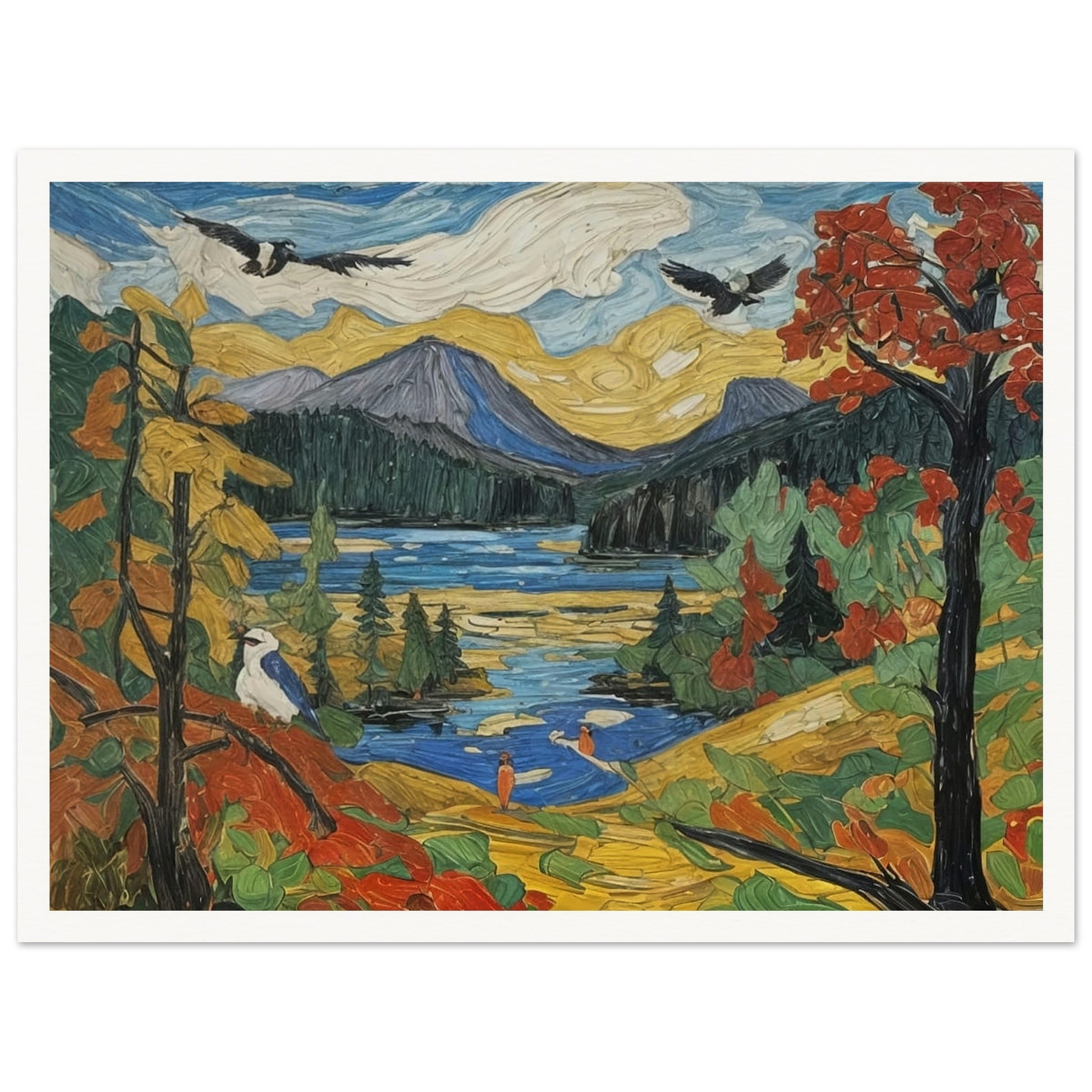 "A colorful autumn landscape featuring a mountain lake, vibrant trees, birds in flight, and a serene nature scene under a golden sky."