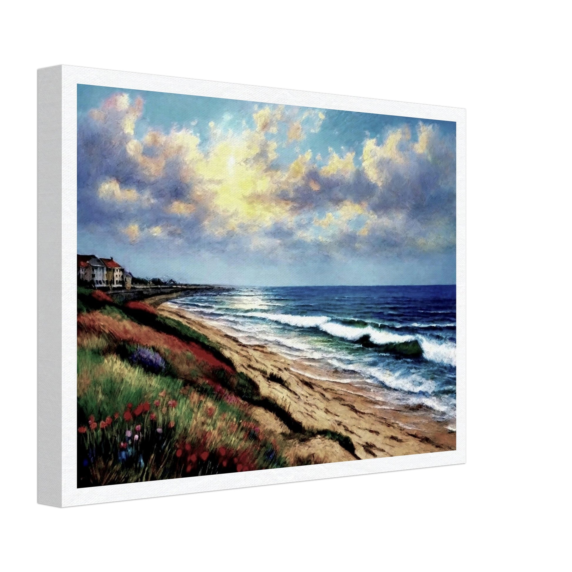 A serene painting of a beach at sunset, with gentle waves rolling onto the sand, vibrant grasses, and houses along the distant coastline.