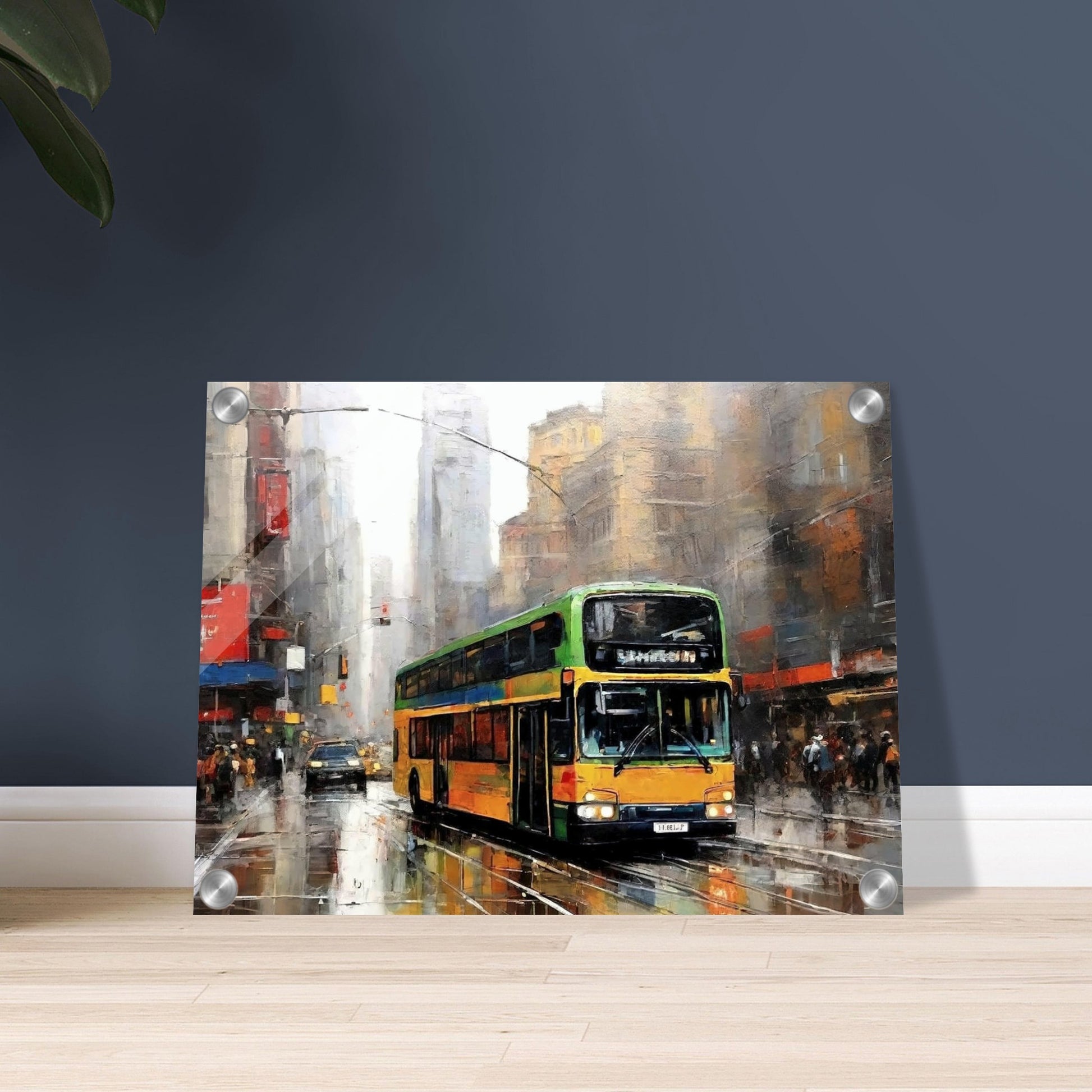 "A vibrant painting of a double-decker bus driving through a busy, rain-soaked city street, with tall buildings and reflections creating an atmospheric urban scene."