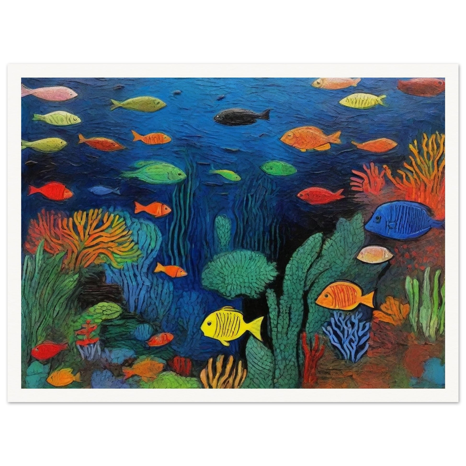 "A vivid painting of a vibrant underwater coral reef, teeming with colorful fish of various shapes and sizes swimming amidst the lush marine plants and coral."