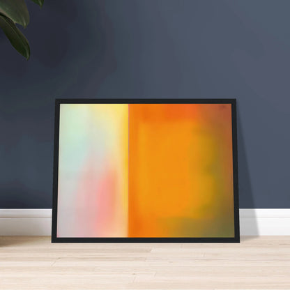 Soft luminous color field with glowing amber, pale blush, and misty light divided by a radiant vertical threshold.
