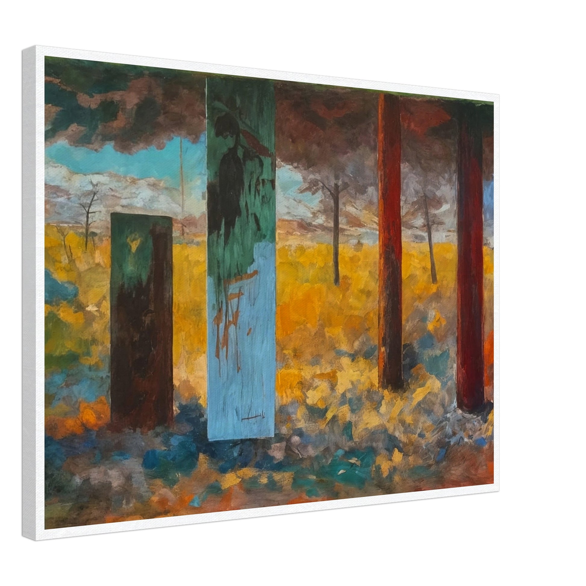 An abstract landscape painting featuring colorful vertical pillars against a backdrop of a vibrant field and dramatic sky.